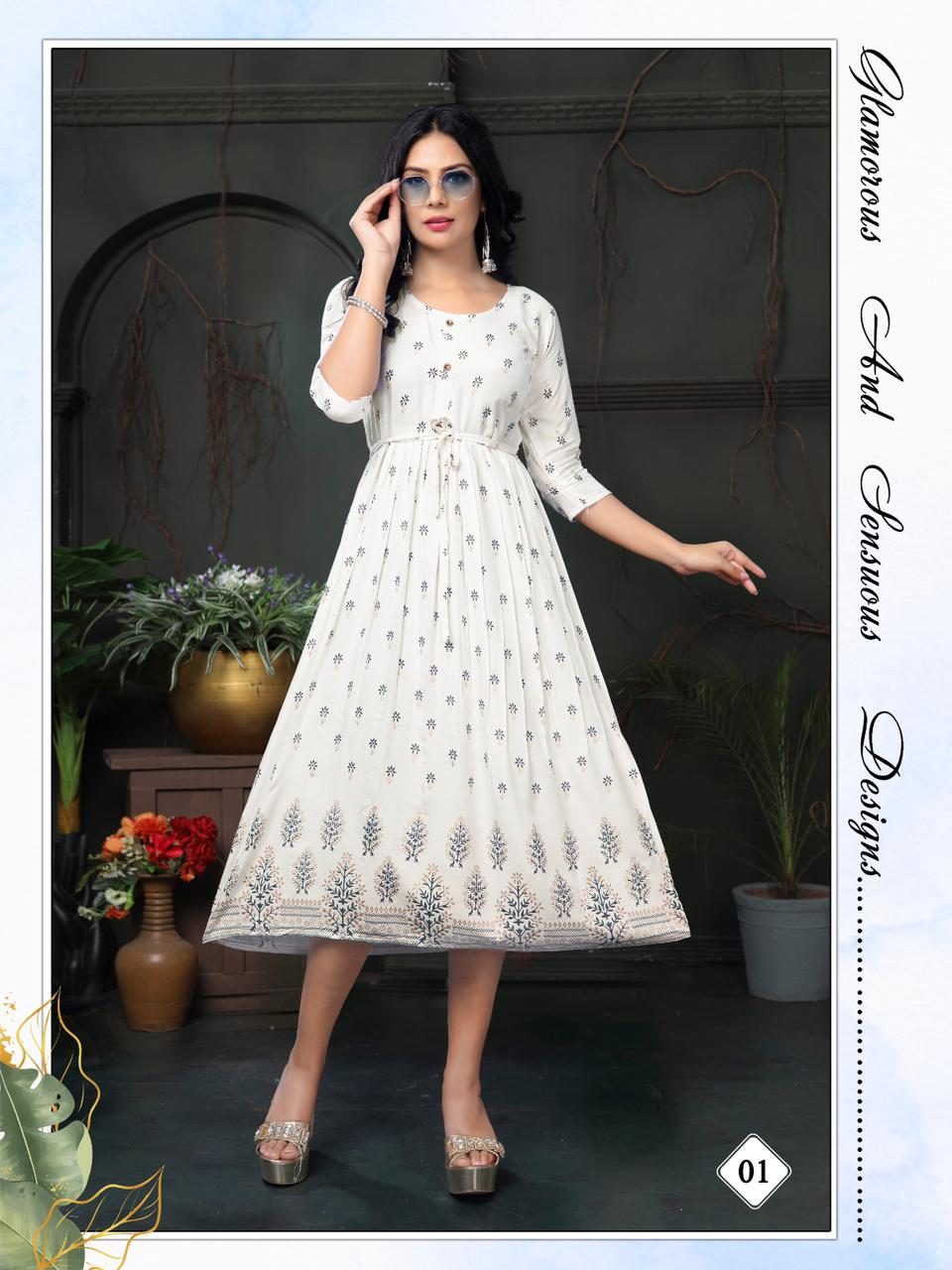 Golden Malini Printed Anarkali Kurtis Catalog
